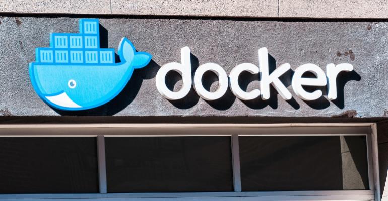 Docker logo on the side of a building