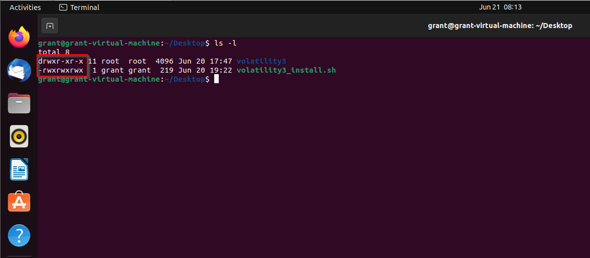 Screenshot shows Linux terminal with the output of ls -l command