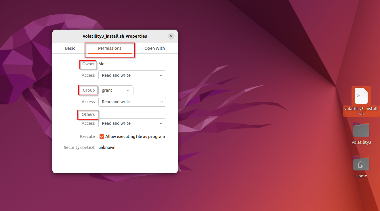Linux screenshot shows where to modify permissions in properties