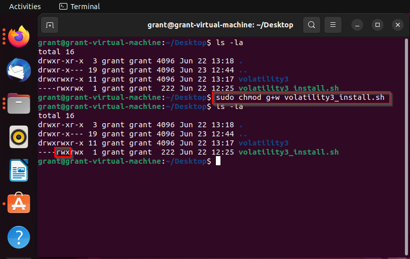 Linux screenshot shows result of the sudo chmod g+w volatility_install.sh command