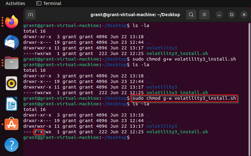 Shows the results of the sudo chmod g-w volatility_install.sh command
