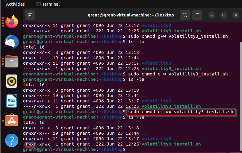 Linux screenshot shows results of the sudo chmod u+rwx command