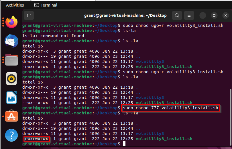 Linux screenshot shows the results of the sudo chmod 777 volatility3_install.sh command
