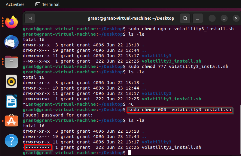 Linux screenshot shows results of the sudo chmod 000 volitility_install.sh command